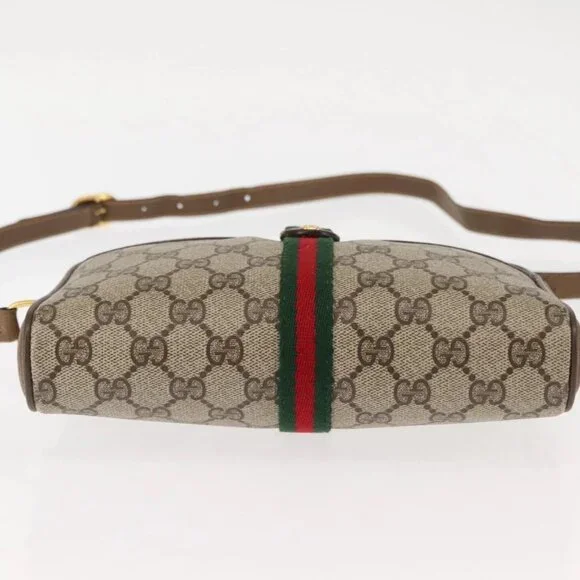 GUCCI GG Canvas Web Sherry Line Shoulder Bag PVC Leather Beige Green